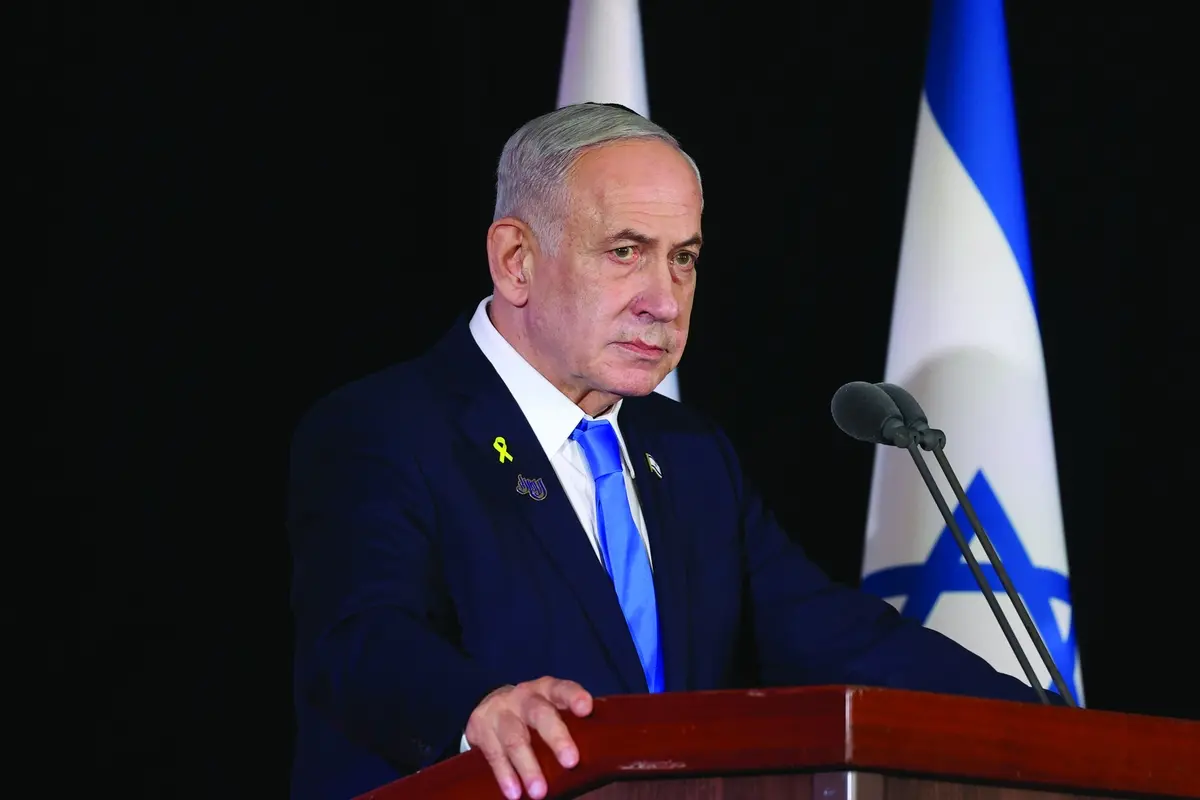 Israeli Prime Minister Benjamin Netanyahu participate in the state memorial ceremony for the fallen soldiers of the War, at Mt. Herzl, In Jerusalem, Thursday, Oct. 16, 2025. (Alex Kolomoisky/Pool Photo via AP) , APN