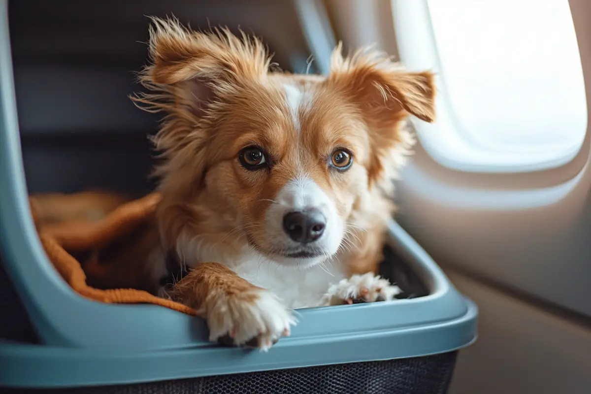 CANI IN AEREO CANE AEROPLANO TRASPORTO TRASPORTINO GABBIA GENERATE AI IA , IMAGOECONOMICA